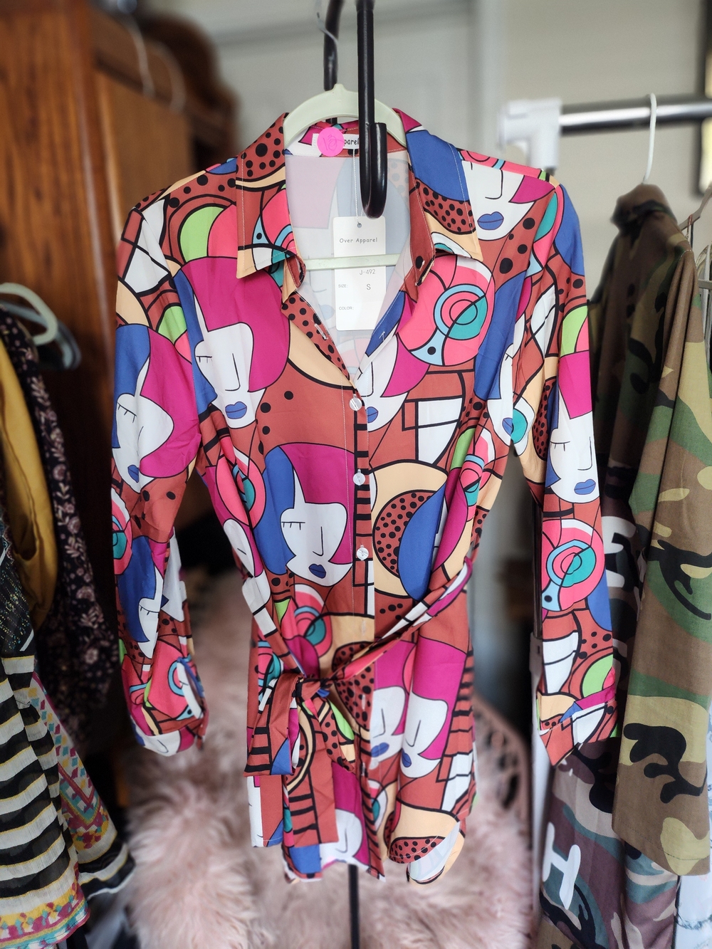 Colorful Geometric Face Print Button-Up Dress- Pink, Blue, Brown